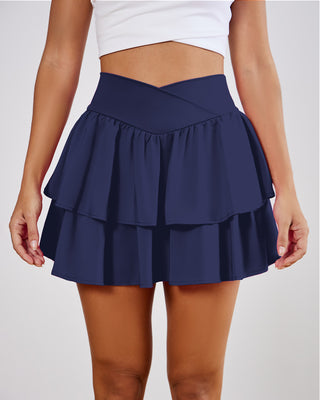 Crossover V-Waist Double Ruffle Tennis Skort