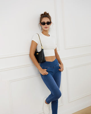 Crossover Waist Stretch Denim Jeggings