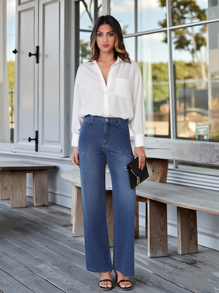 Symmetrical Patch-Pocket Wide Leg Denim