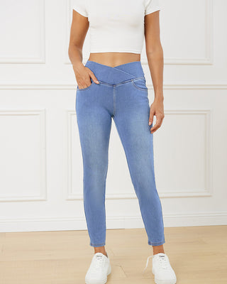Crossover Waist Stretch Denim Jeggings