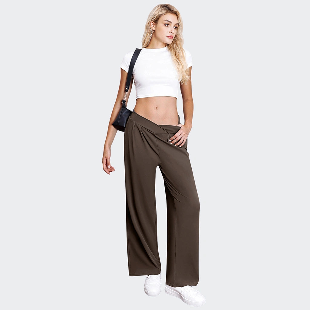 Crossover Waist Wide Leg Draped Pants