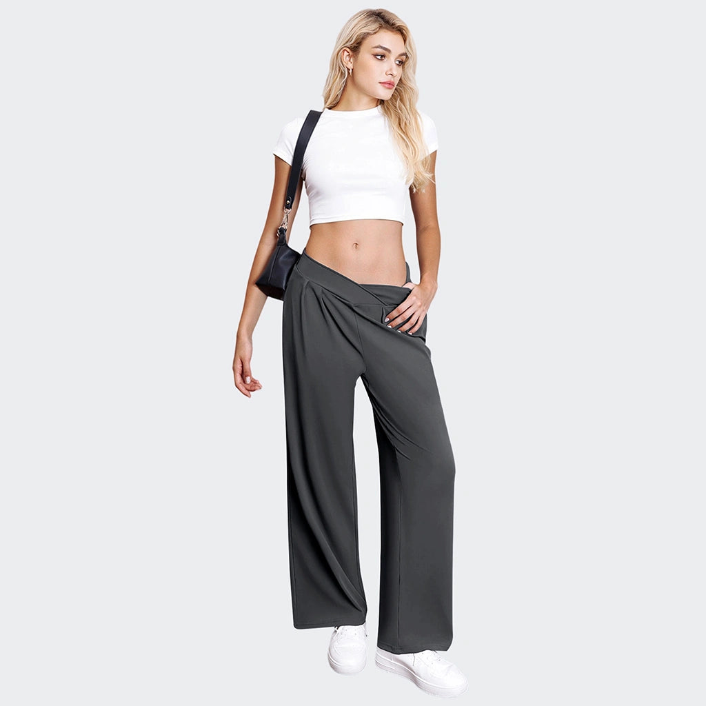 Crossover Waist Wide Leg Draped Pants