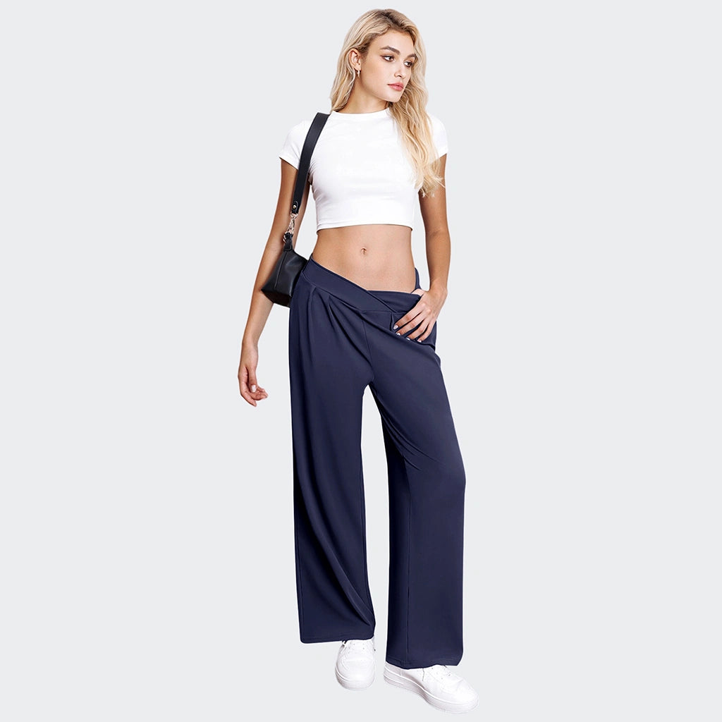 Crossover Waist Wide Leg Draped Pants