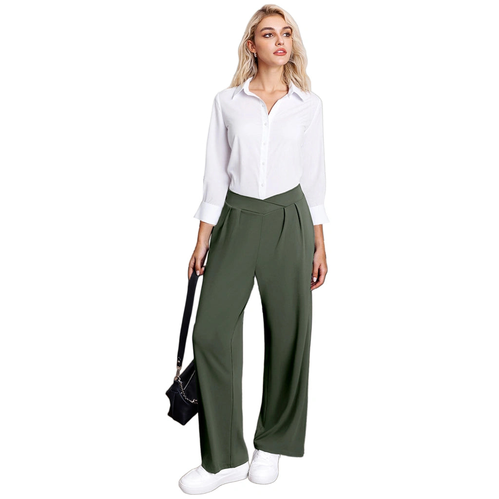 Crossover Waist Wide Leg Draped Pants