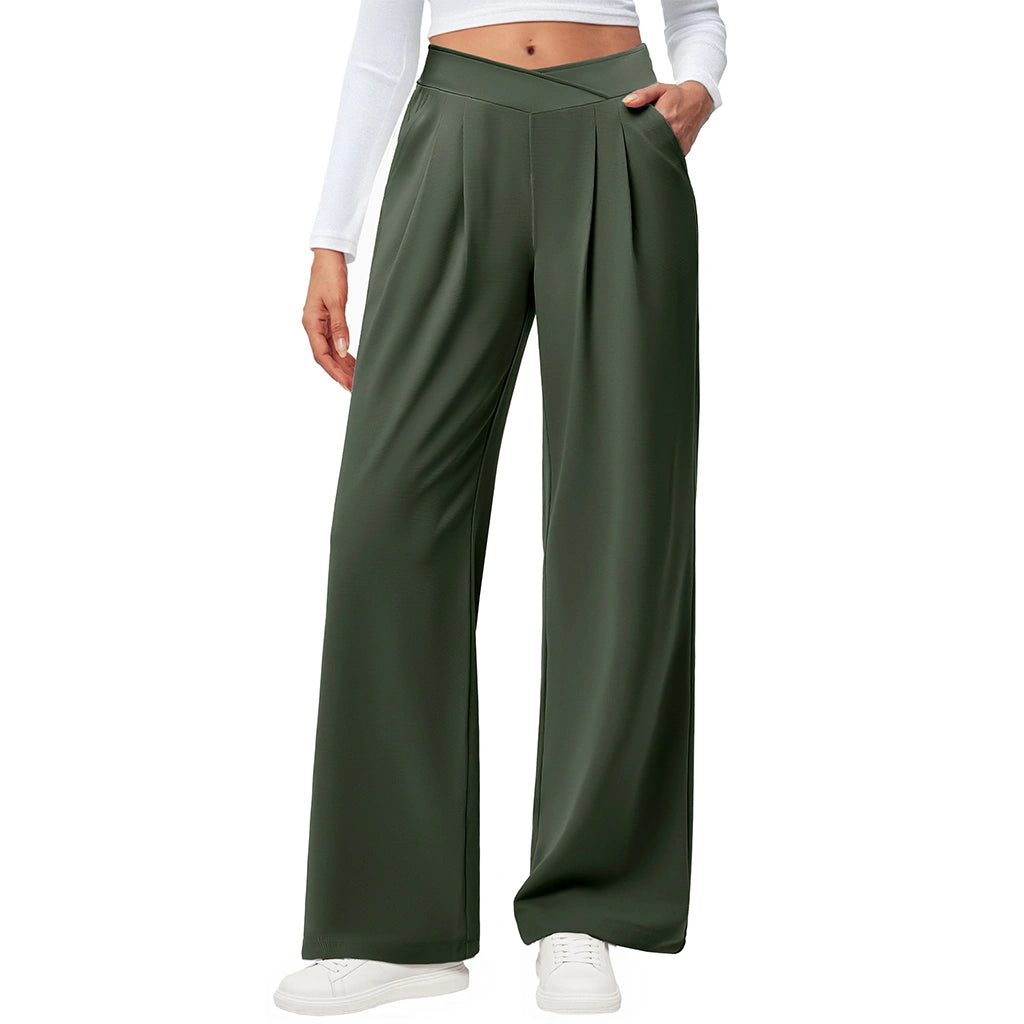 Crossover Waist Wide Leg Draped Pants