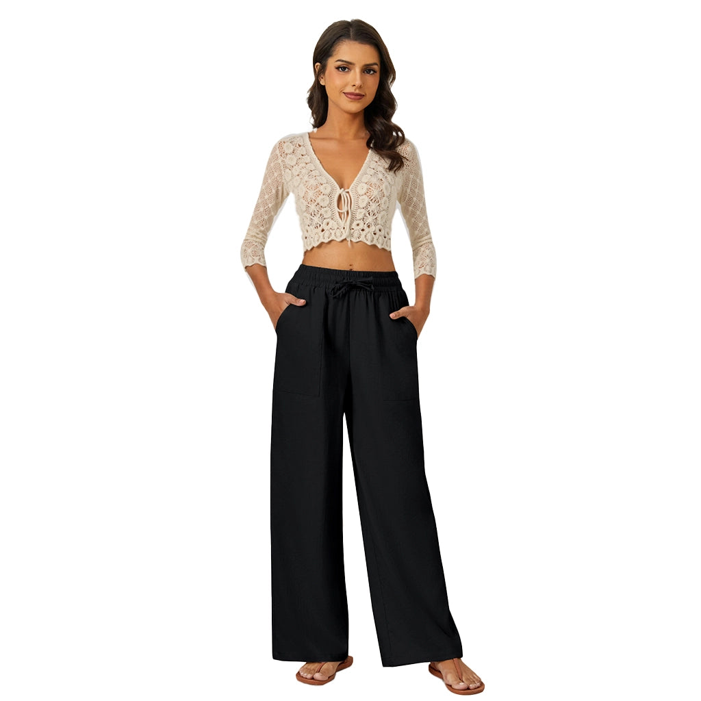 Natural Linen Drawstring Palazzo Pants