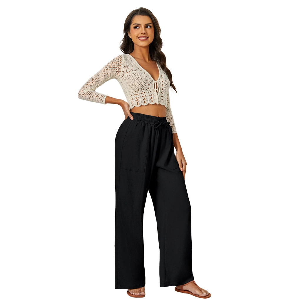 Natural Linen Drawstring Palazzo Pants