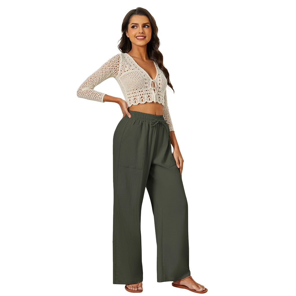 Natural Linen Drawstring Palazzo Pants