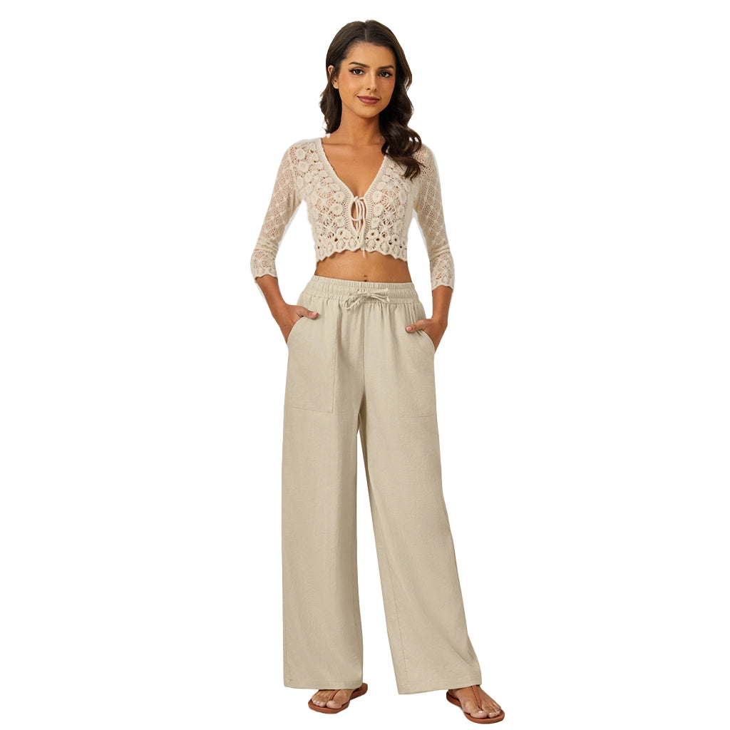 Natural Linen Drawstring Palazzo Pants