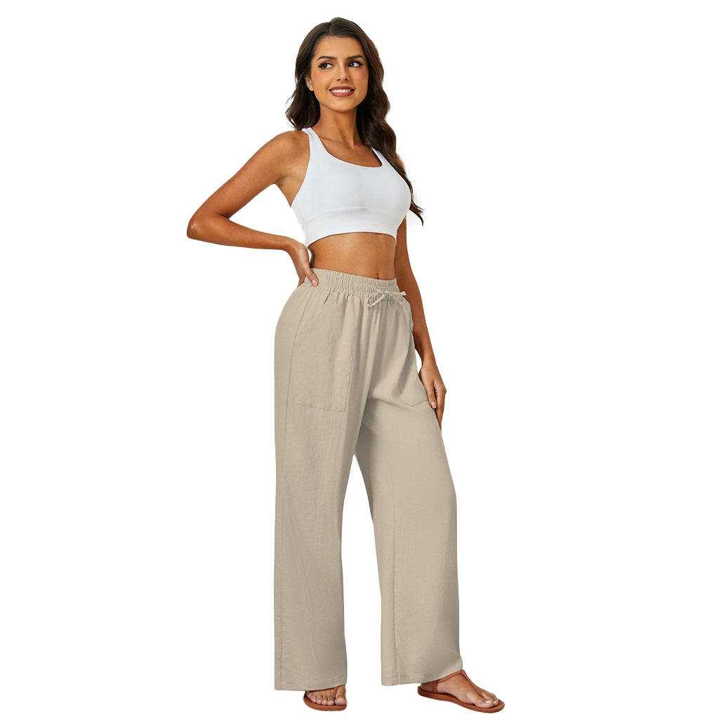 Natural Linen Drawstring Palazzo Pants
