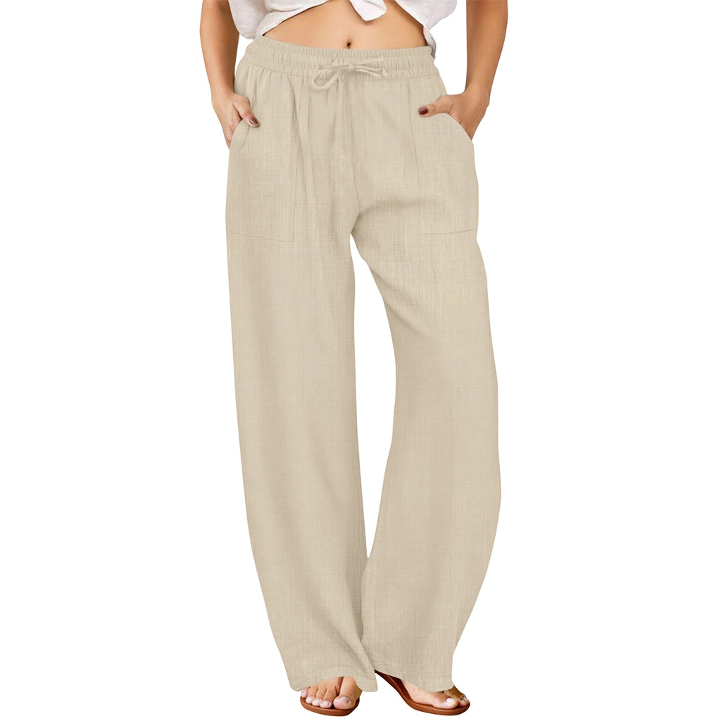 Natural Linen Drawstring Palazzo Pants