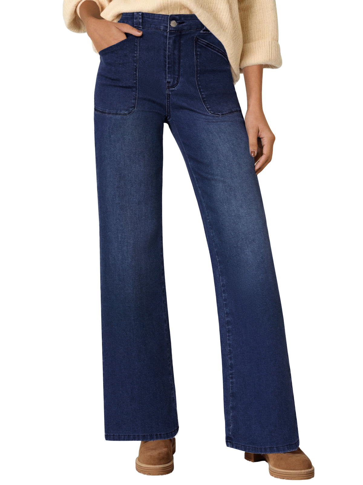 Symmetrical Patch-Pocket Wide Leg Denim